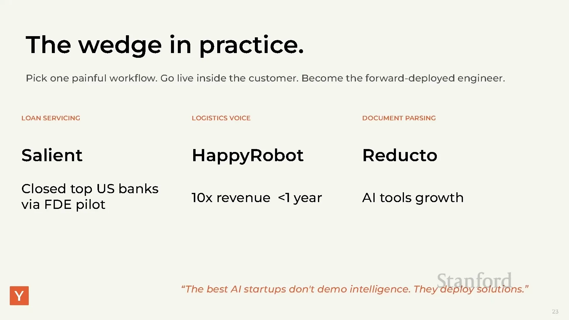 Stanford CS153 wedge in practice slide: Salient (loan servicing, closed top US banks via FDE pilot), HappyRobot (logistics voice, 10x revenue in under 1 year), Reducto (document parsing, AI tools growth)