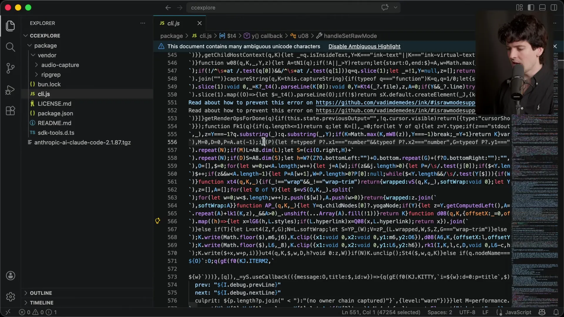 Claude Code minified JavaScript source in npm package