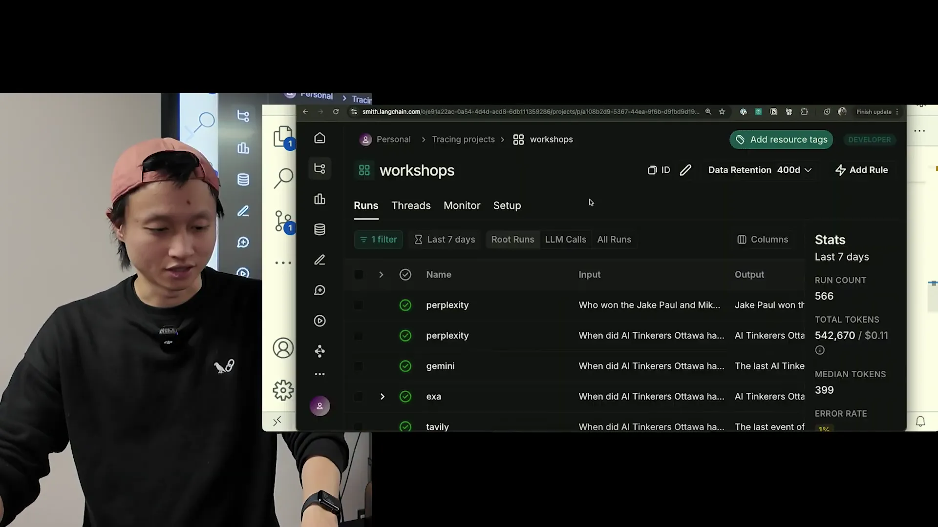 LangSmith dashboard showing 566 runs across perplexity, gemini, exa, and tavily traces with total tokens of 542,670 and median token count of 399