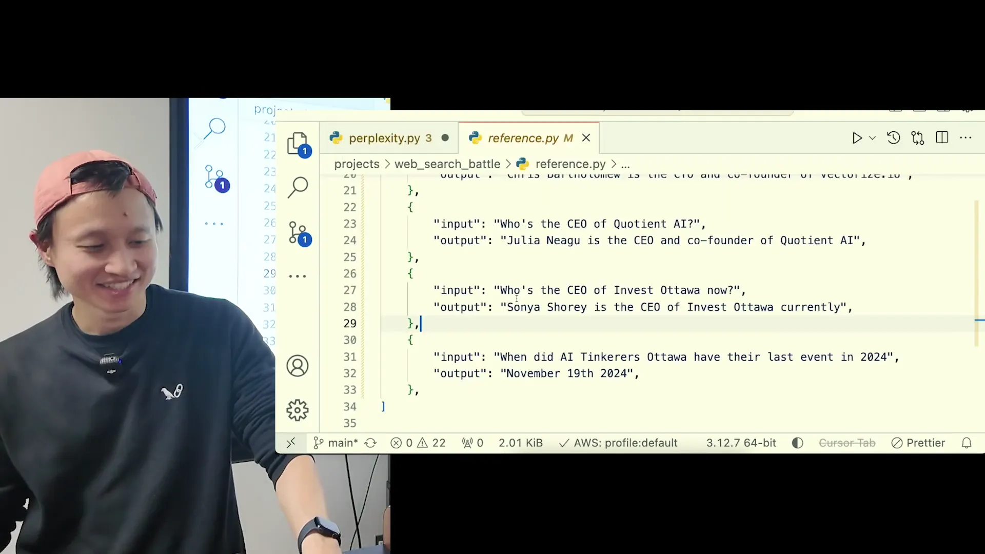 VS Code showing reference.py with ground-truth dataset including questions about Julia Neagu, Sonya Shorey, and AI Tinkerers Ottawa last event in November 2024