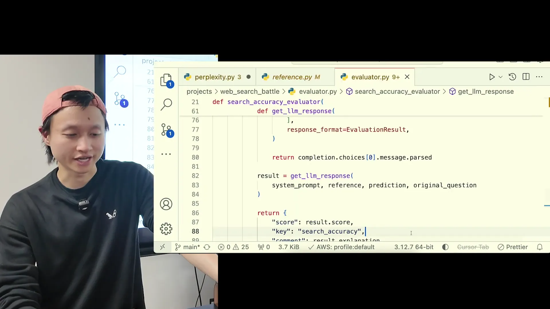 VS Code evaluator.py showing search_accuracy_evaluator function calling get_llm_response with EvaluationResult schema and returning score and search_accuracy key