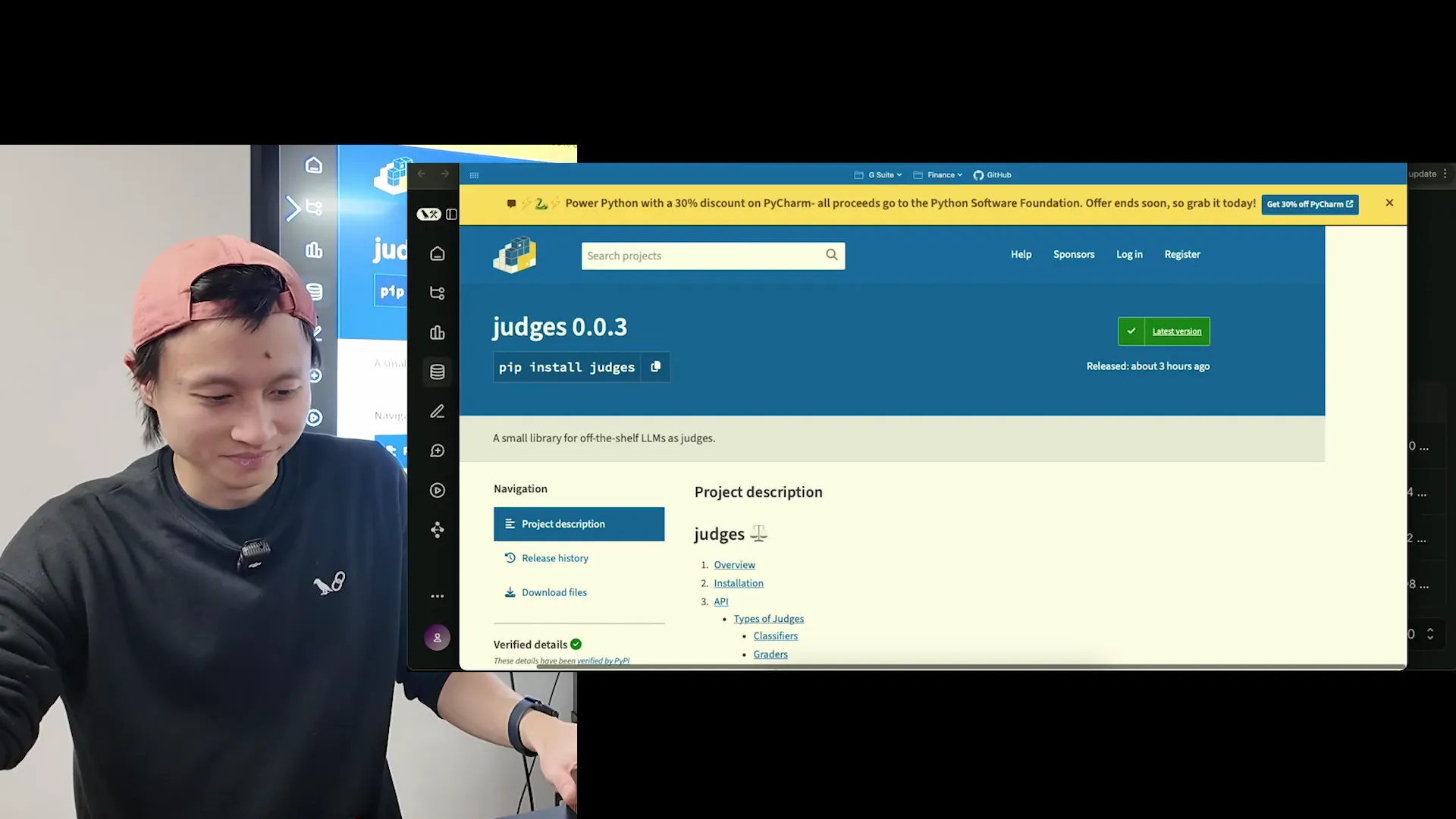 PyPI page for judges 0.0.3 showing pip install judges command with description 'A small library for off-the-shelf LLMs as judges' and navigation for classifiers, graders, and API docs