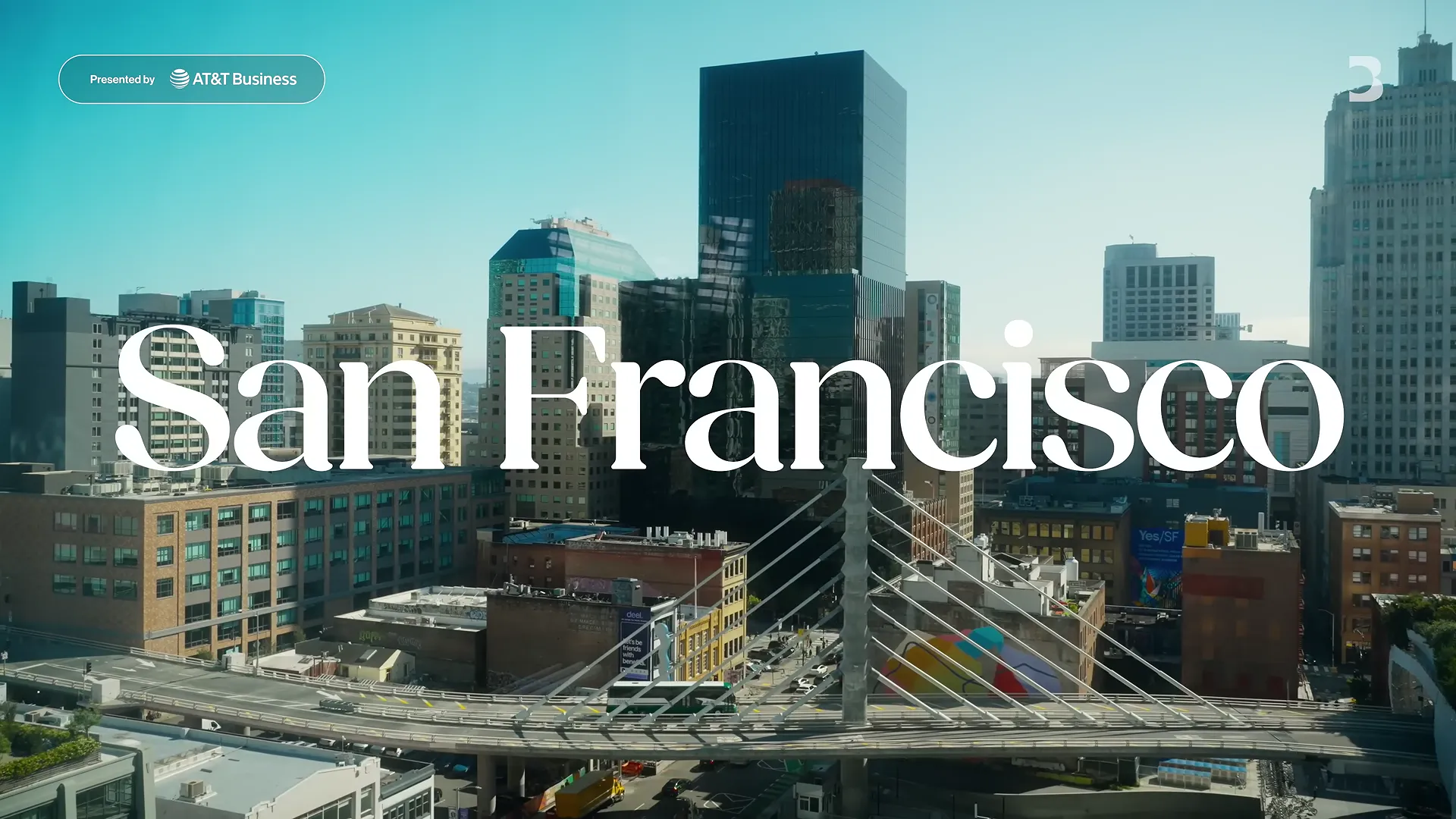 Aerial shot of the San Francisco skyline with "San Francisco" title card from Bloomberg's The Circuit interview with Dario Amodei