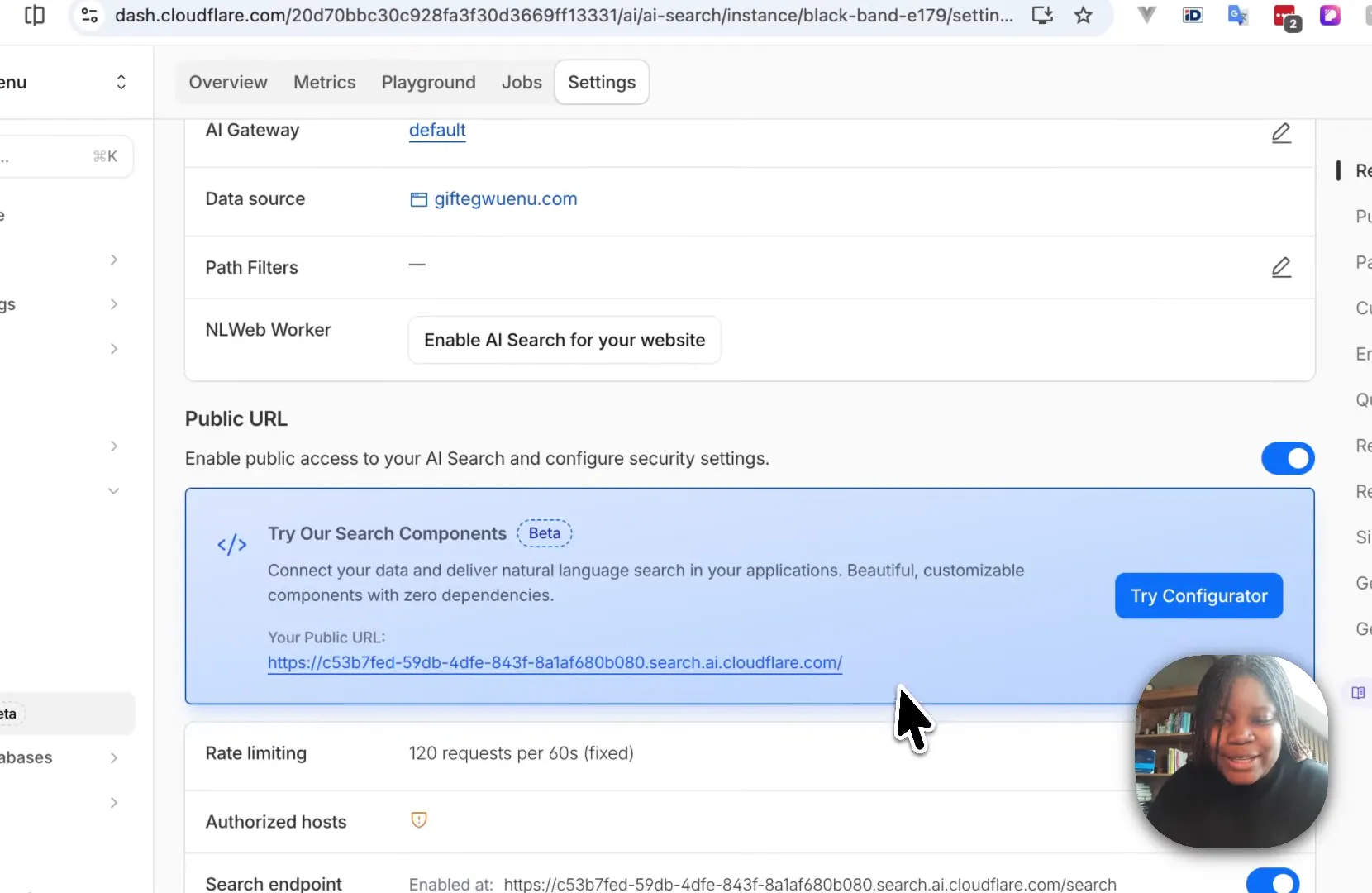 Gift Egwuenu's code editor showing the AI Search snippet integration with the search instance ID field