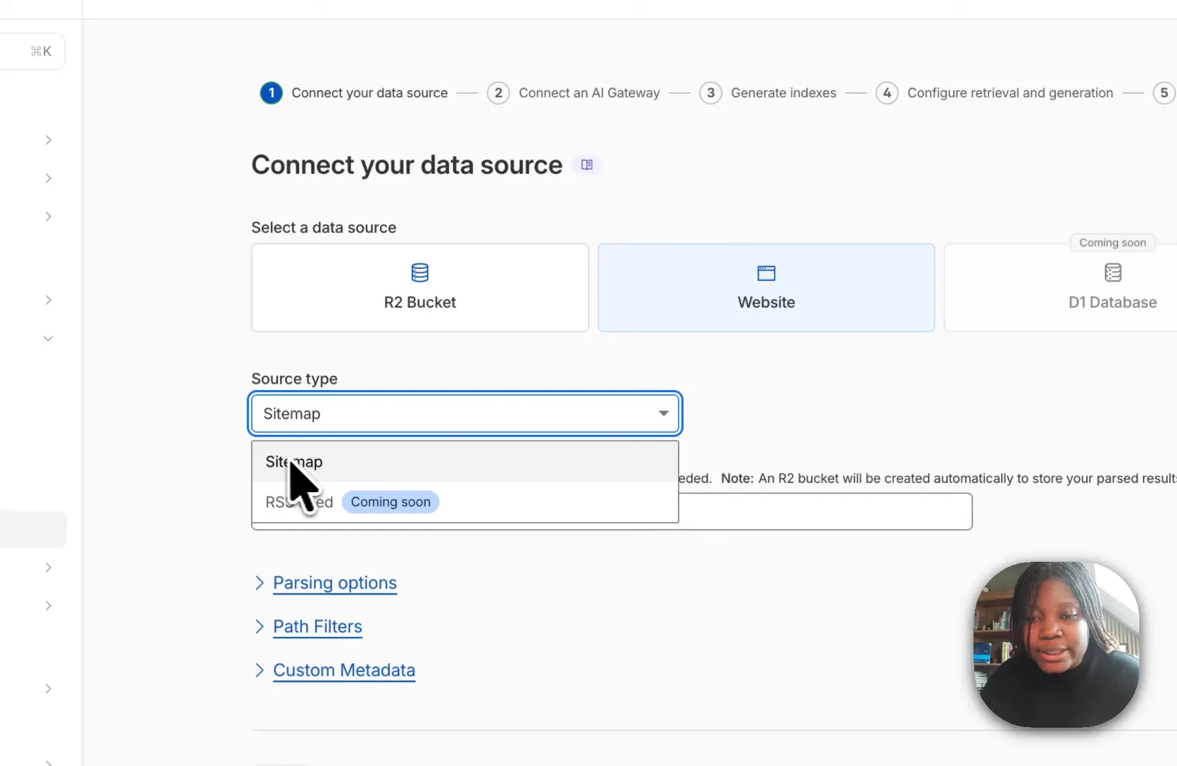 Cloudflare AI Search settings showing AI Gateway connected to default, data source pointing to giftegwuenu.com with parser options