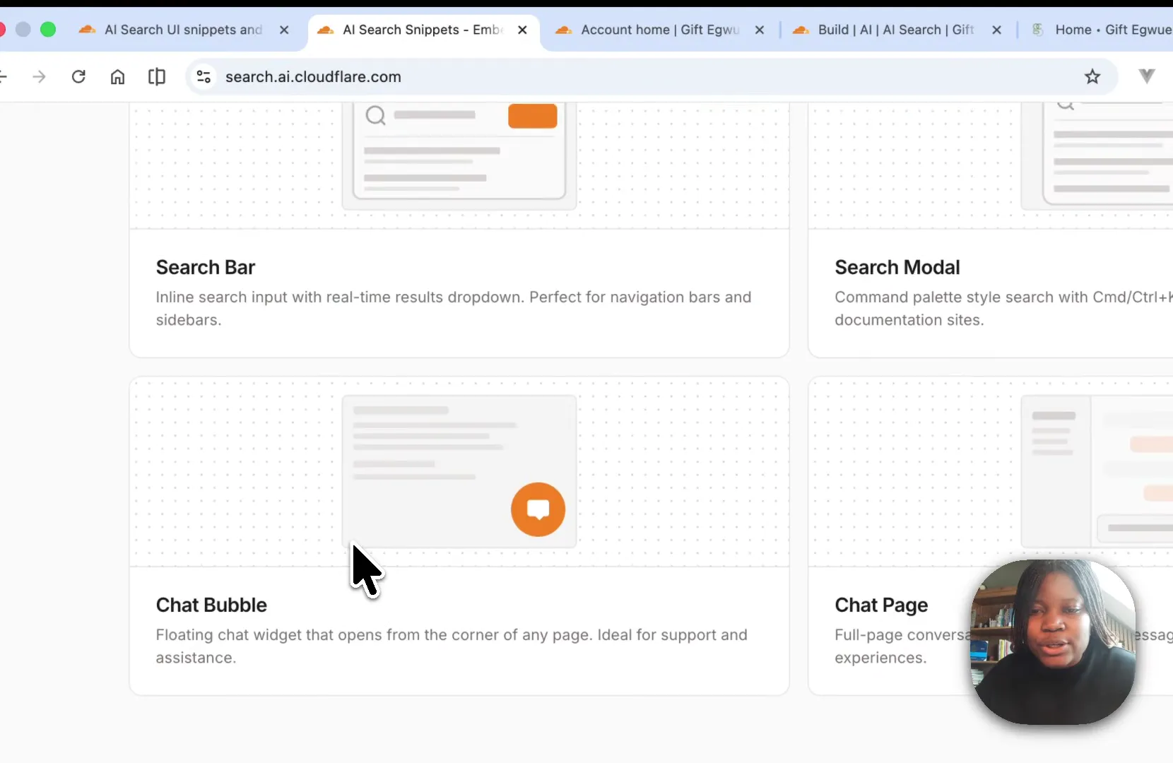 Cloudflare AI Search Snippets configurator showing four component options: Search Bar, Search Modal, Chat Bubble, and Chat Page