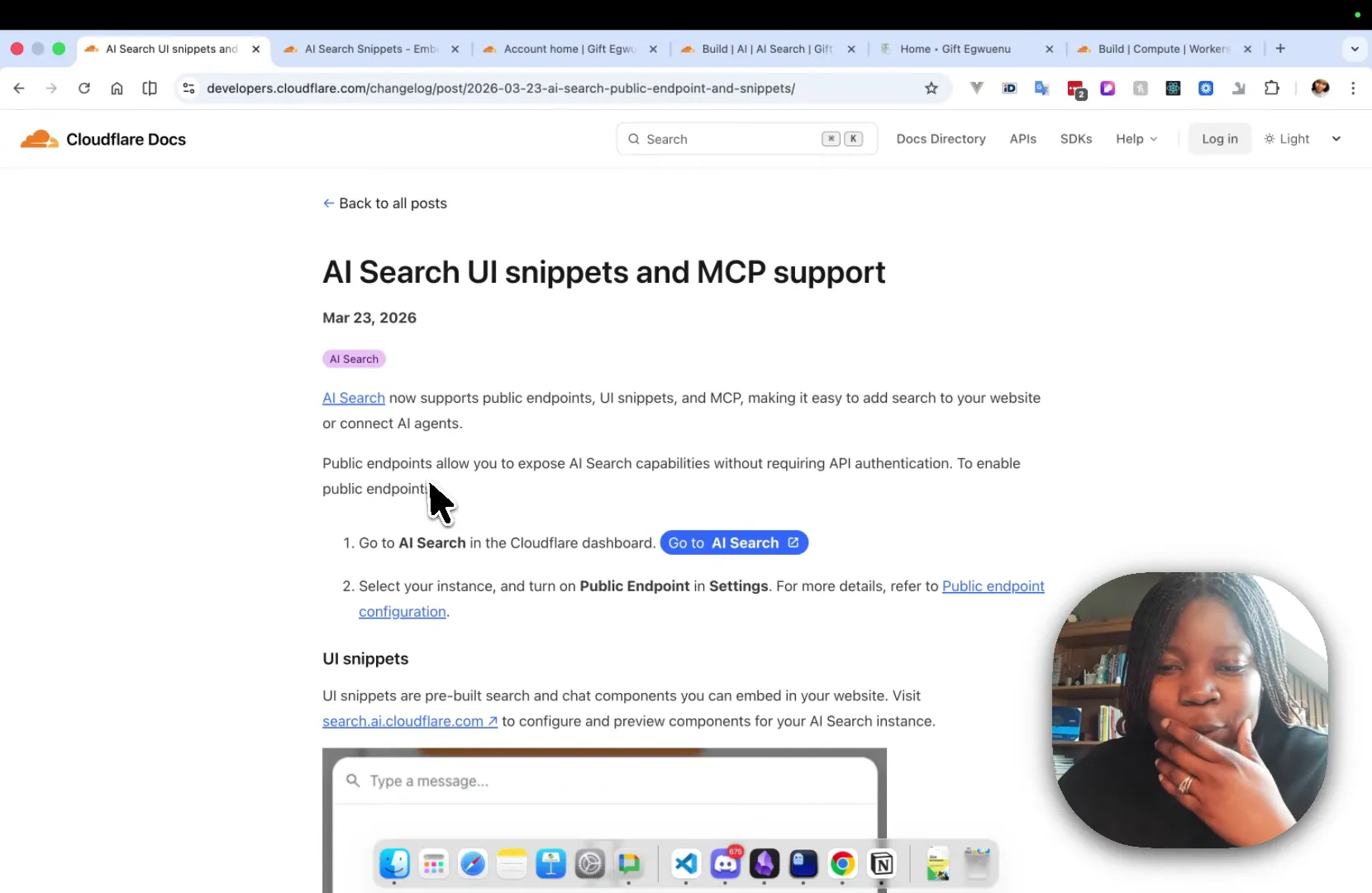 Cloudflare Docs changelog showing AI Search UI snippets and MCP support announcement dated March 23, 2026