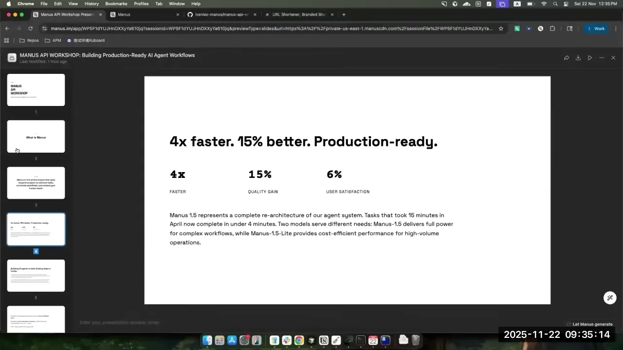 Manus 1.5 slide showing performance improvements and architecture updates