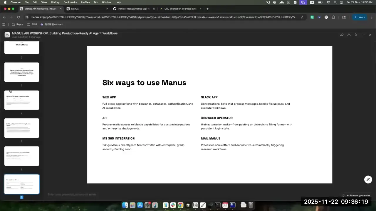 Manus ecosystem slide showing Web, Slack, API, Browser, and M365 integrations
