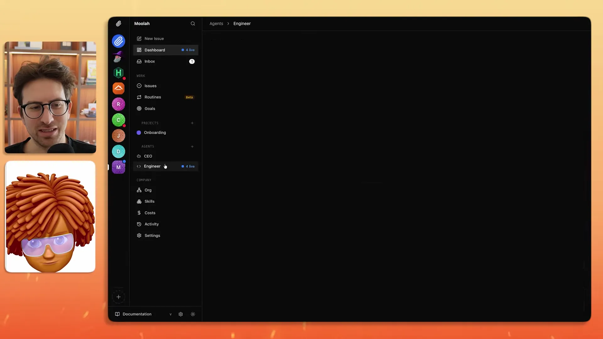 Agent configuration panel showing persona setup and heartbeat checklist