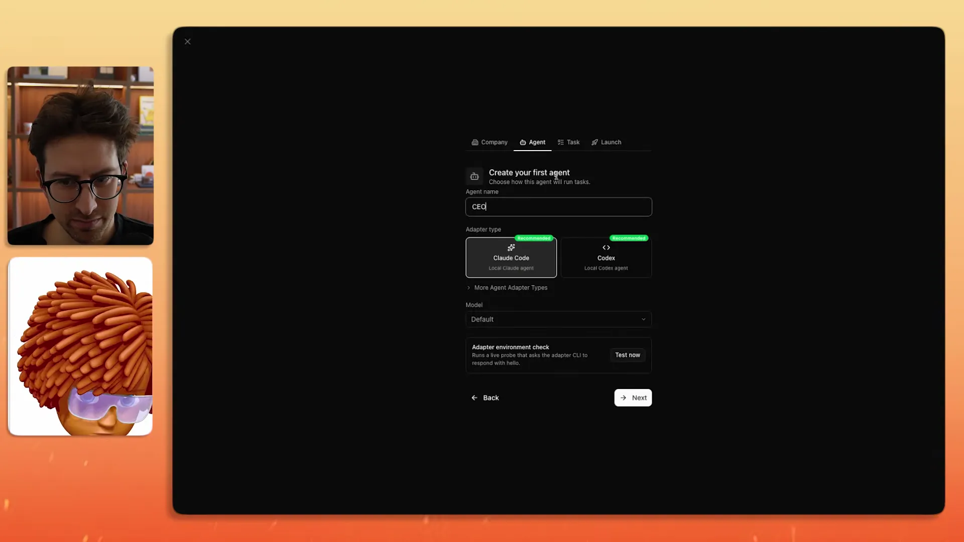 Paperclip agent setup screen showing company creation and first agent configuration