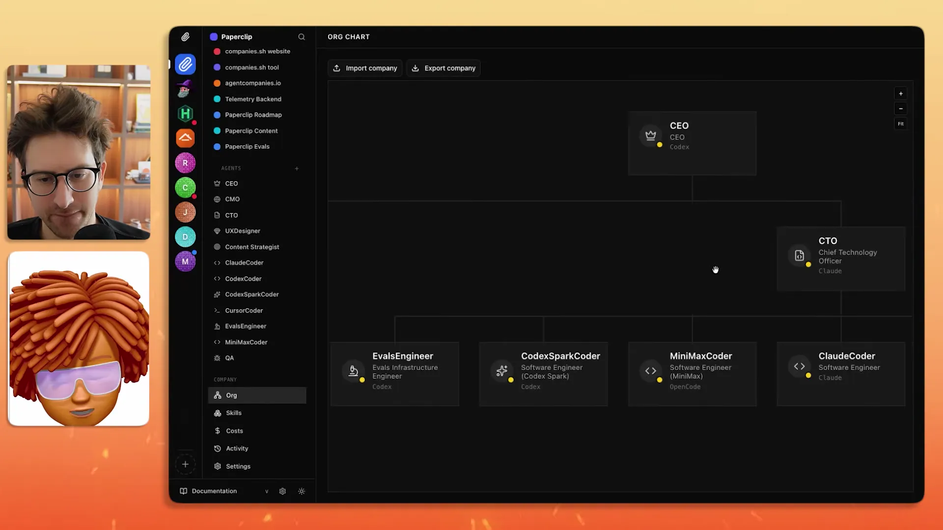 Shareable companies interface showing importable agent team templates