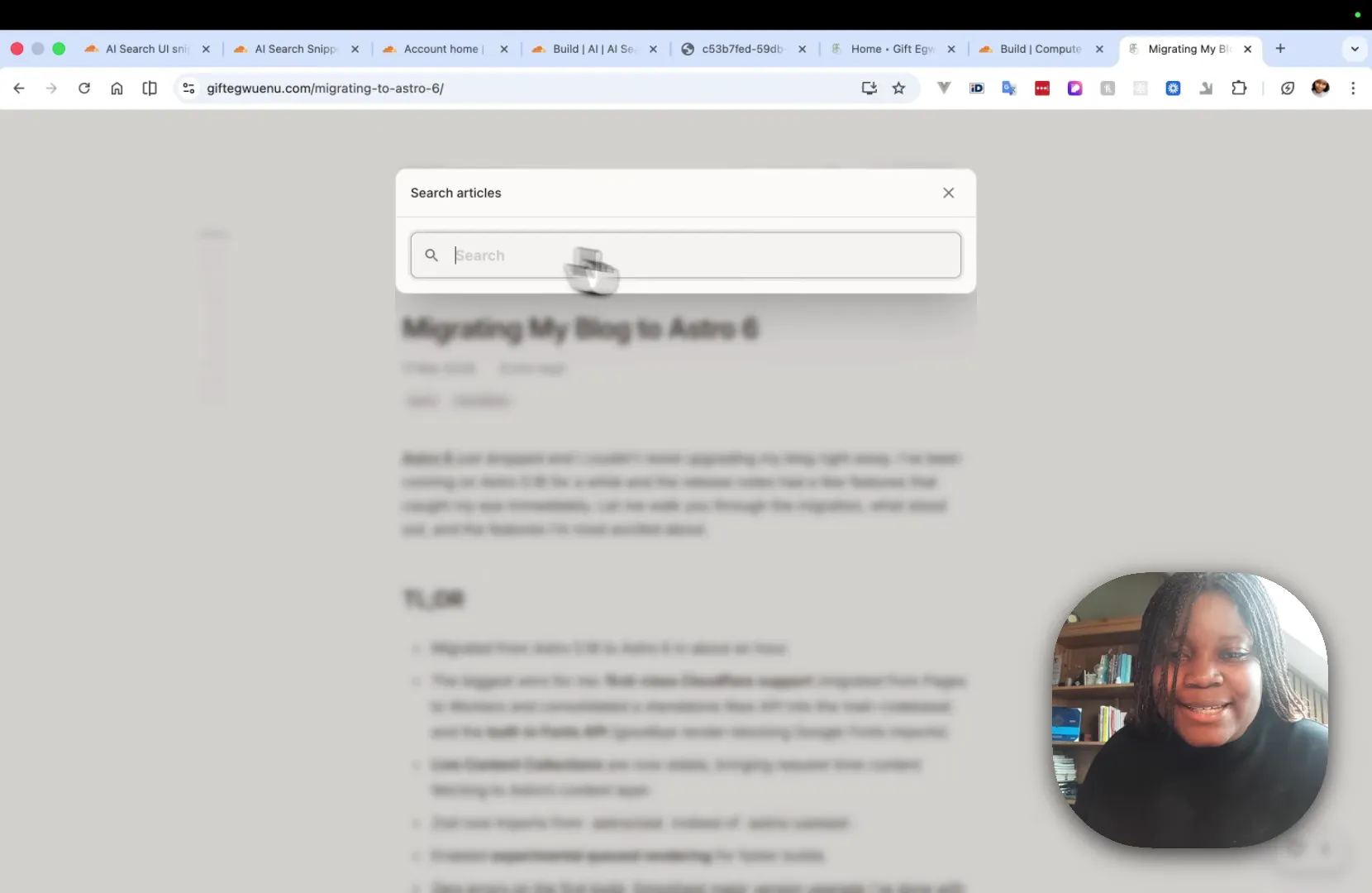 Gift Egwuenu's deployed website showing the AI Search modal with a search field, powered by Cloudflare AI Search