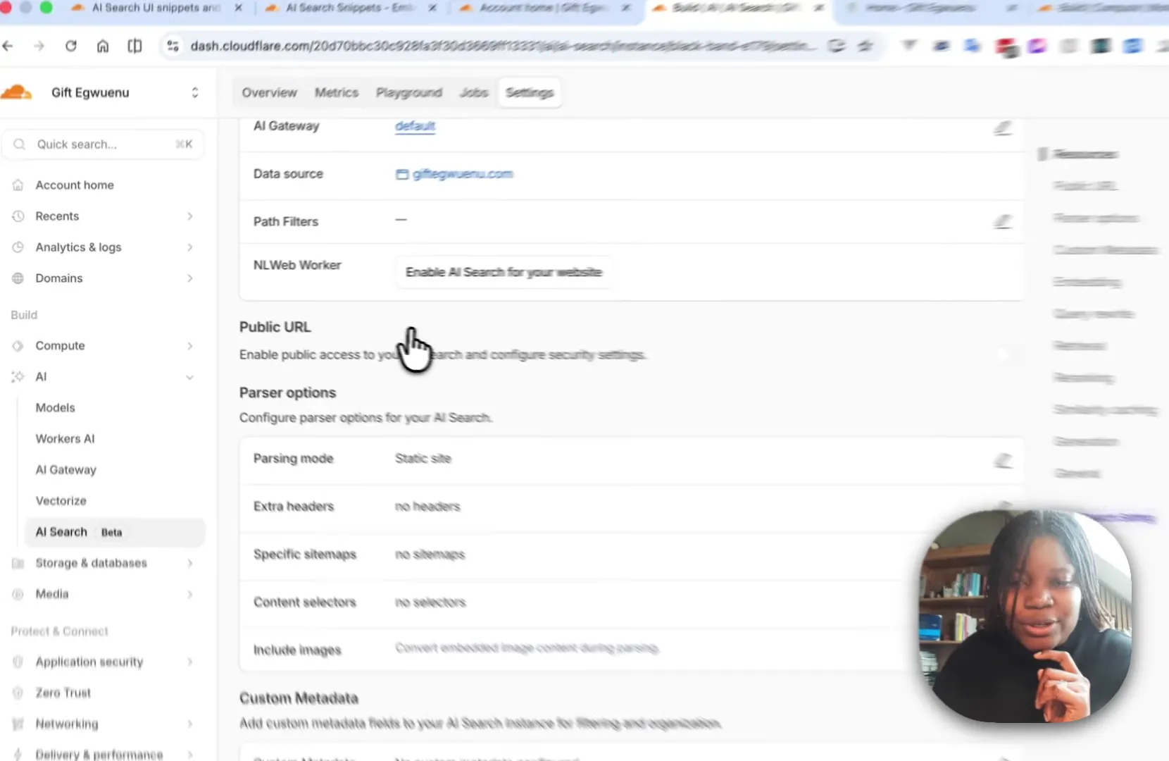 Cloudflare AI Search settings with Public URL toggle enabled, showing the generated public URL and rate limiting at 120 requests per 60s