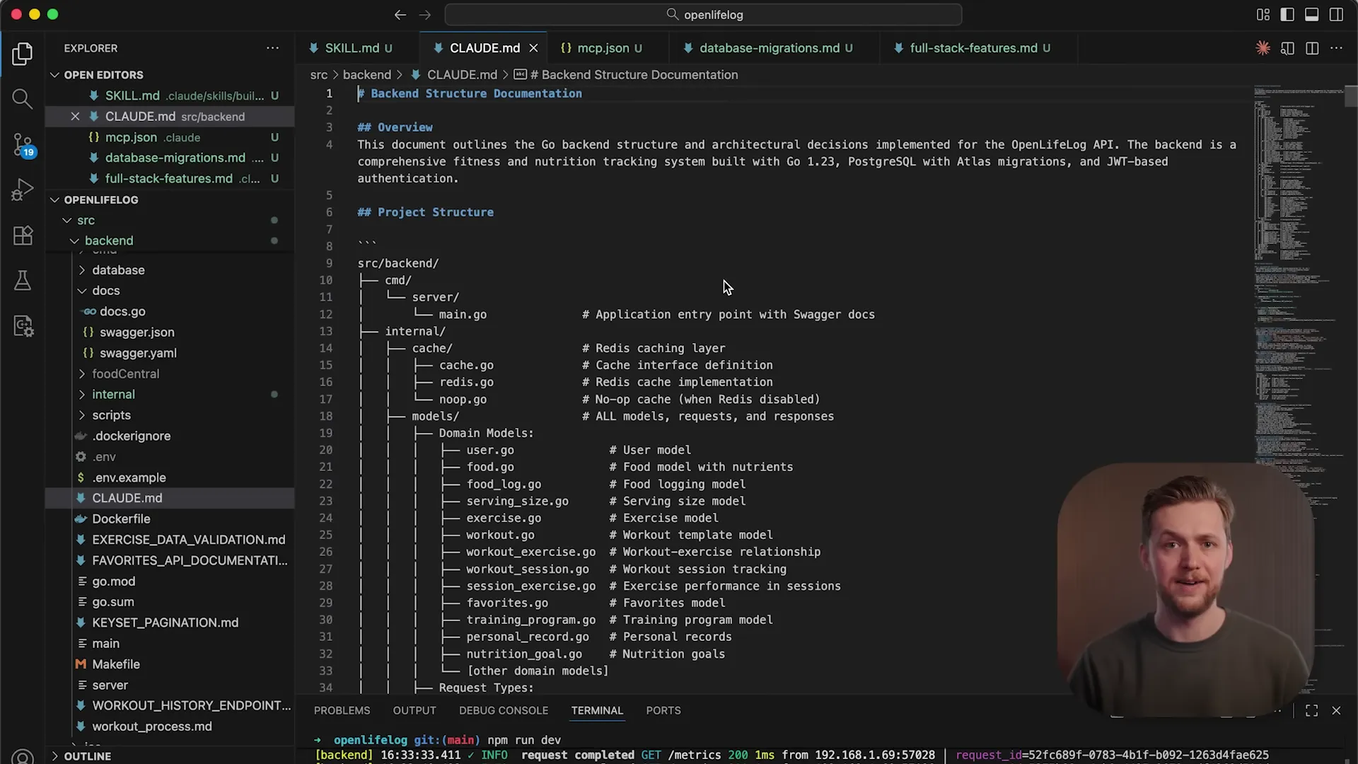 VS Code showing a CLAUDE.md file with backend structure documentation for a Go project