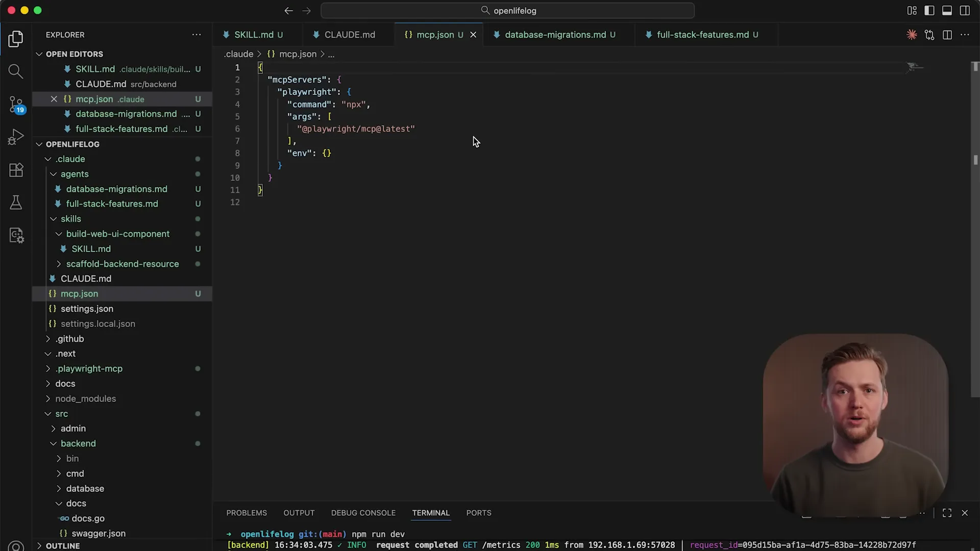 VS Code showing mcp.json configuration with Playwright MCP server setup