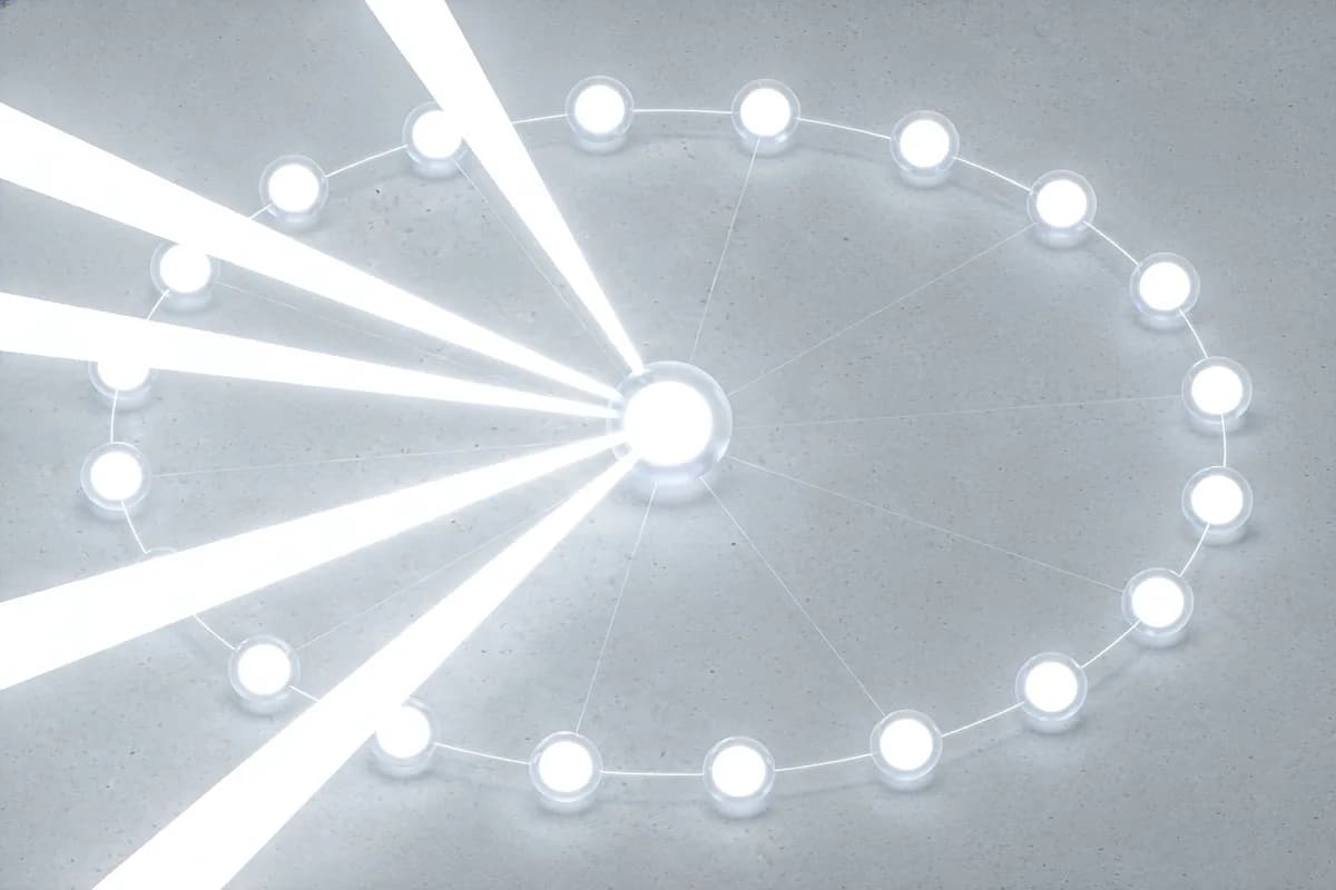 Attention mechanism in transformers visualized as a circular network of glowing nodes where one central node receives weighted beams of light from surrounding tokens
