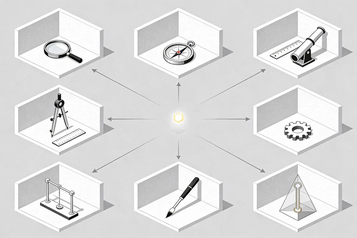 Multi-head attention illustrated as a grid of nine parallel rooms each containing a different specialist instrument pointing toward the same central object