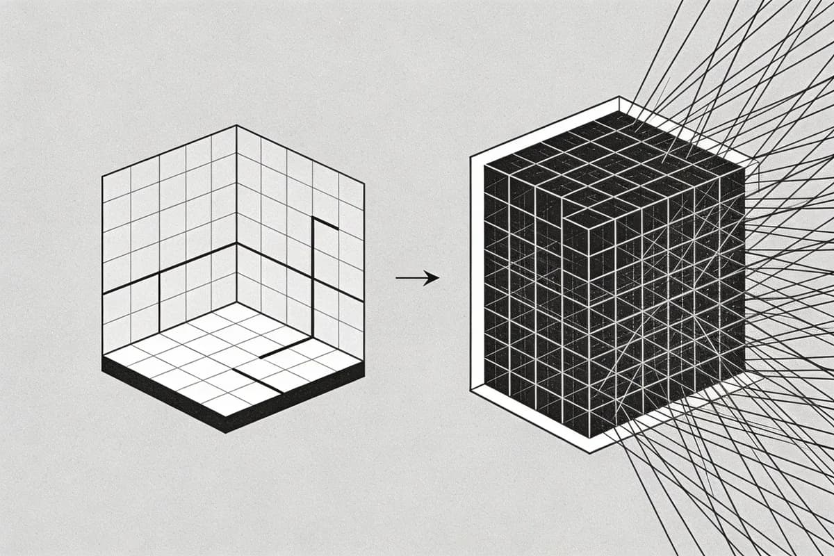 Quadratic attention context window bottleneck shown as a small sparse grid expanding into an overwhelming dense lattice that bursts beyond its frame