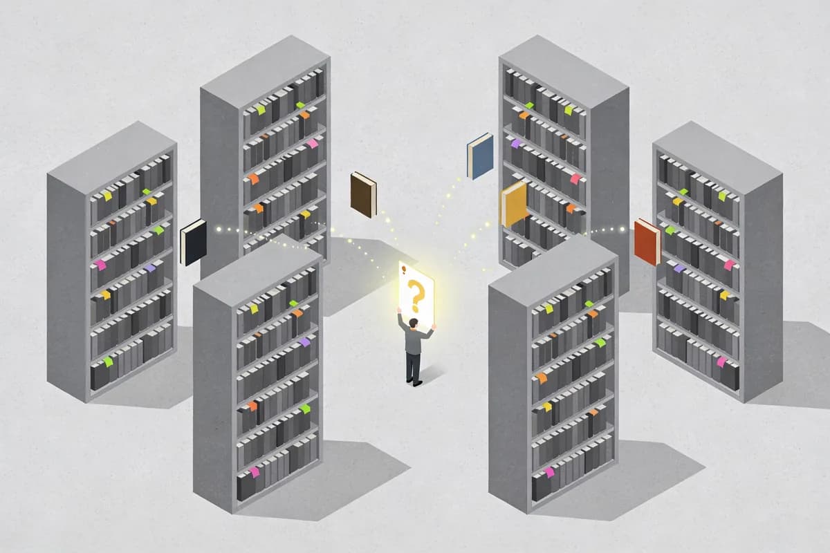 Query key and value vectors in attention illustrated as a library search where a person holding a glowing question card pulls relevant books off shelves