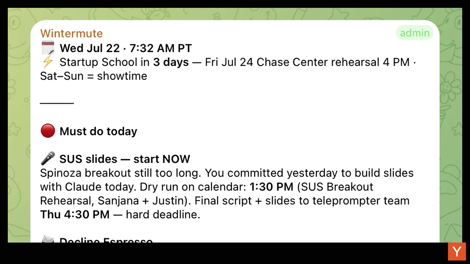 Agent-generated morning briefing showing prioritized tasks, deadlines, and calendar context