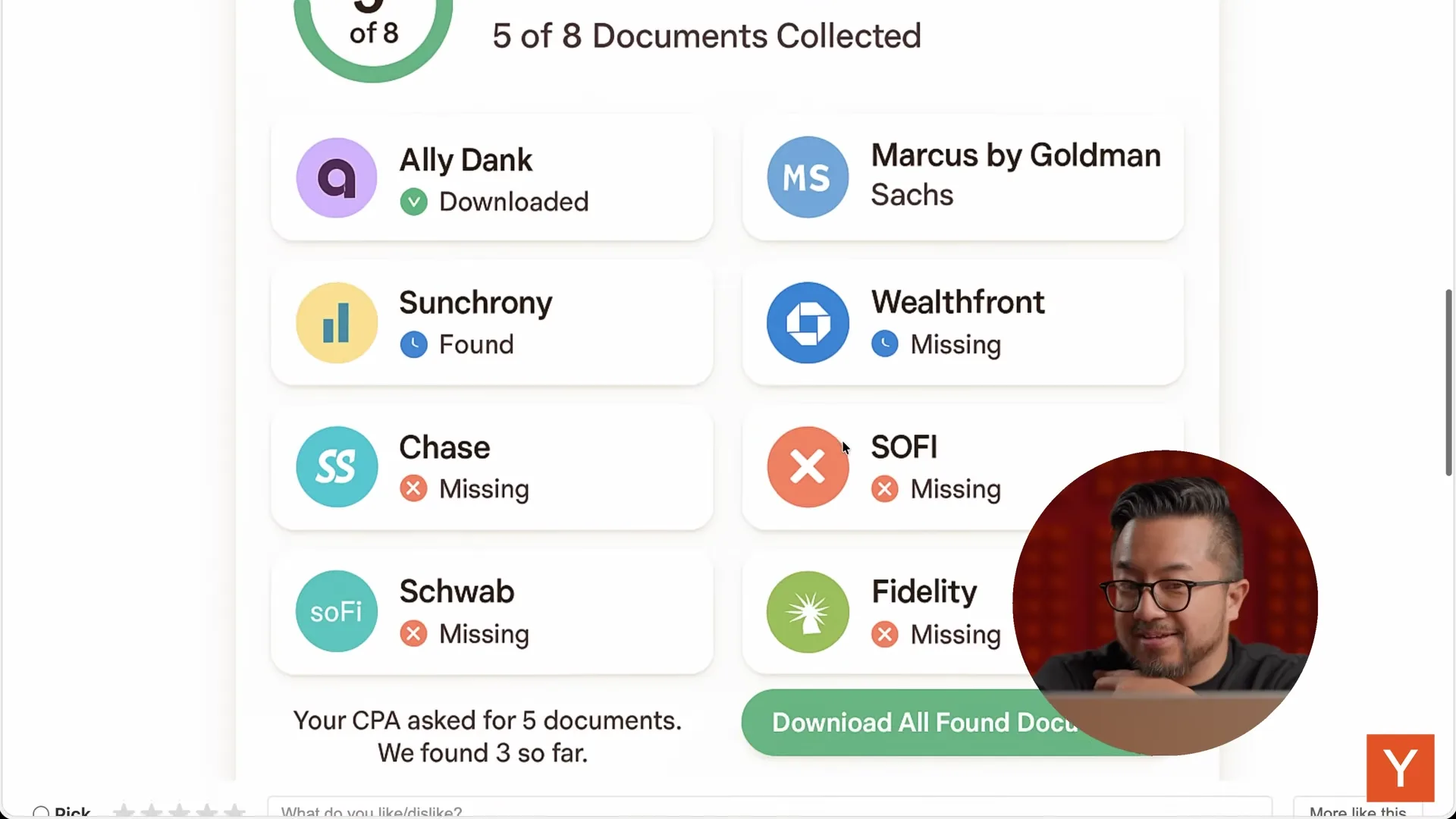 Generated tax document dashboard mockup showing 5 of 8 documents collected across Ally, Chase, Fidelity and Wealthfront