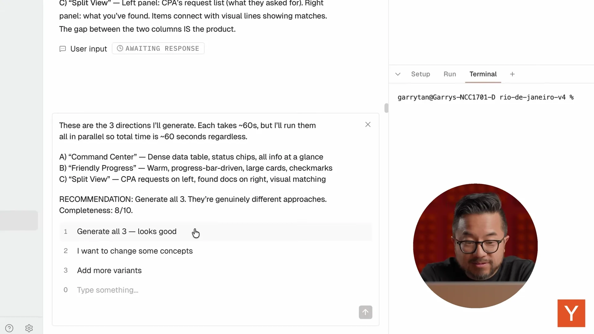 gstack design-shotgun proposing three design directions: Command Center, Friendly Progress, and Split View
