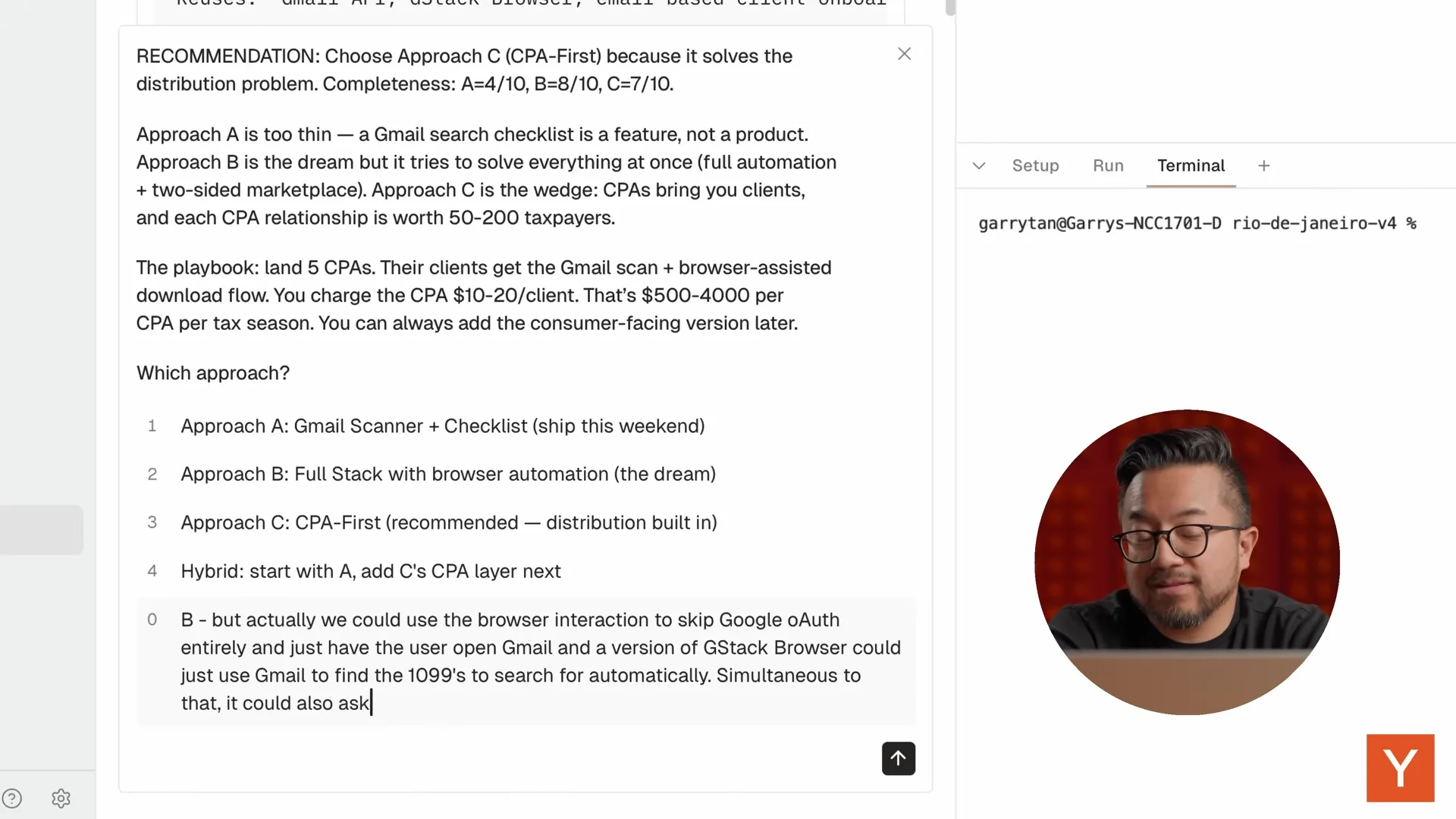 gstack office hours recommending Approach C with completeness scores A=4/10, B=8/10, C=7/10 and CPA unit economics