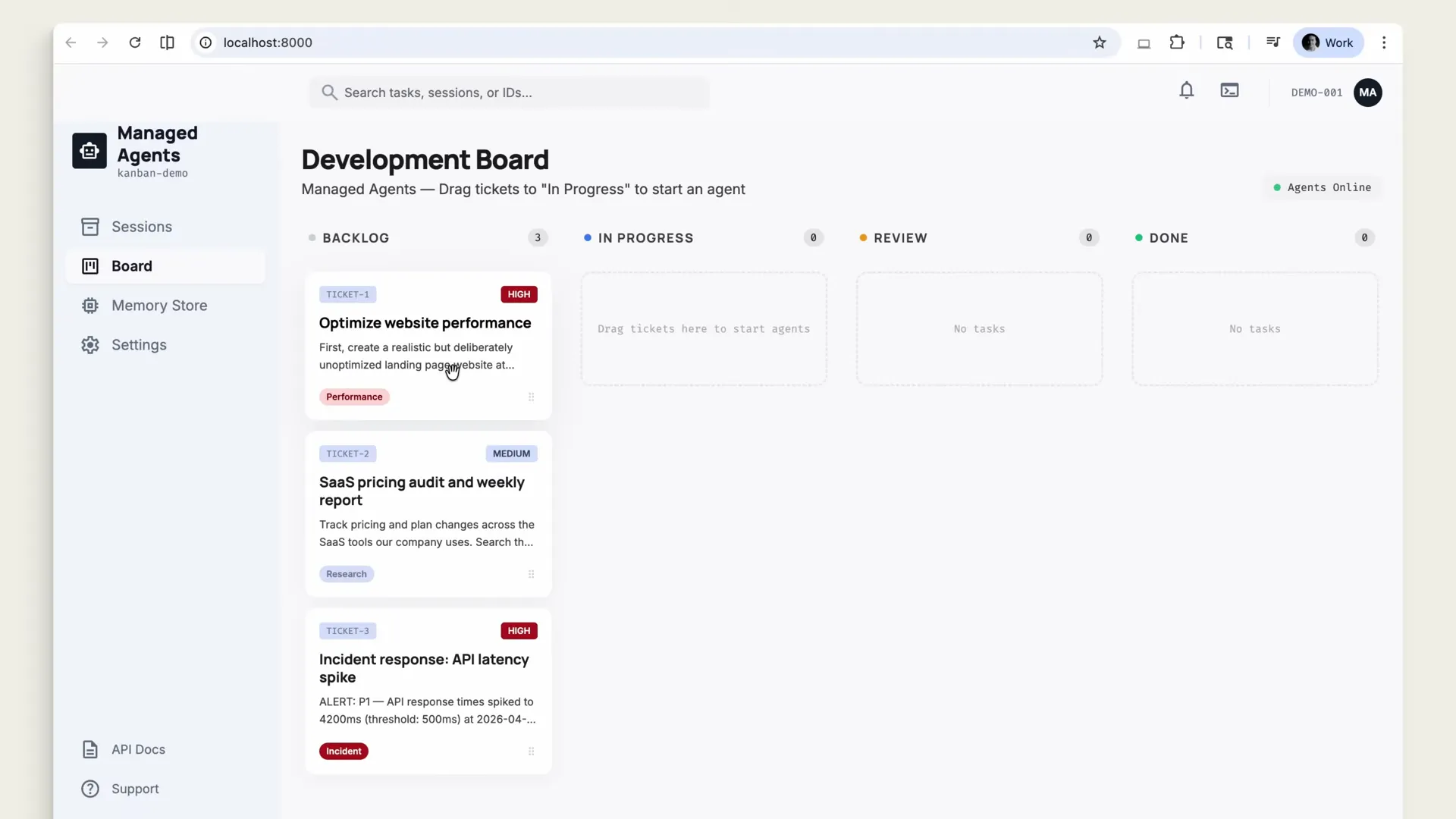 Managed Agents Kanban board with Backlog, In Progress, Review, and Done columns showing three demo tickets