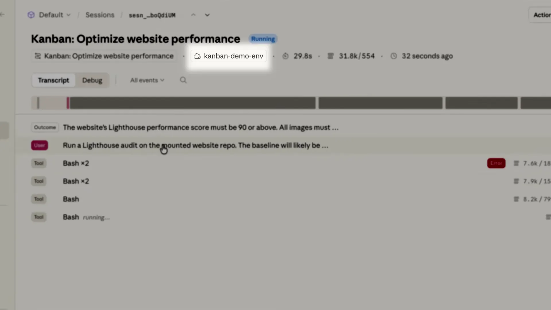 Managed Agents session view showing Lighthouse optimization task with Bash tool calls and outcome criteria
