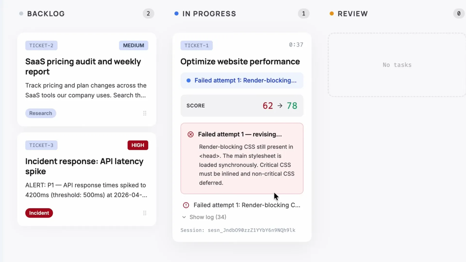 Kanban ticket showing Lighthouse score improving from 62 to 78 with grader feedback about render-blocking CSS