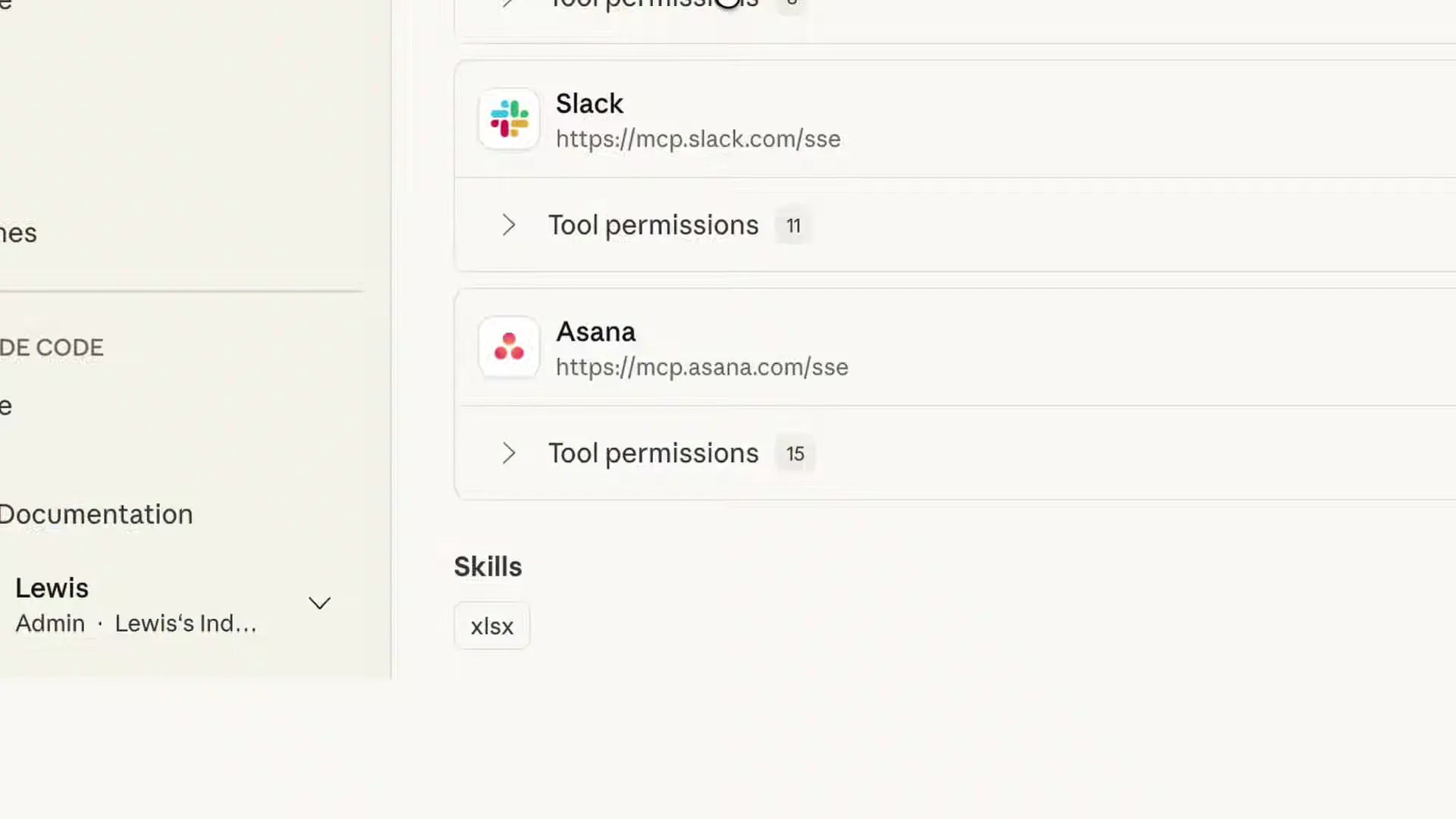 Agent settings showing Slack and Asana MCP server connections with tool permissions and xlsx skill